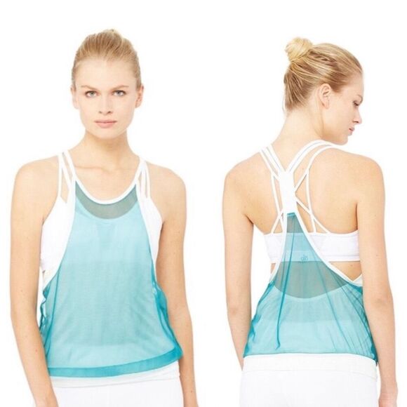 Alo Yoga ‘Iris’ Layerered Mesh Racerback Tank Top in White/Teal Size Medium - Picture 1 of 6